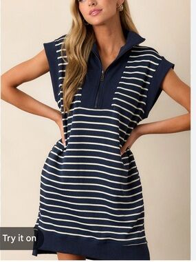 Navy Stripe Mini Dress with Half-Zip Collar